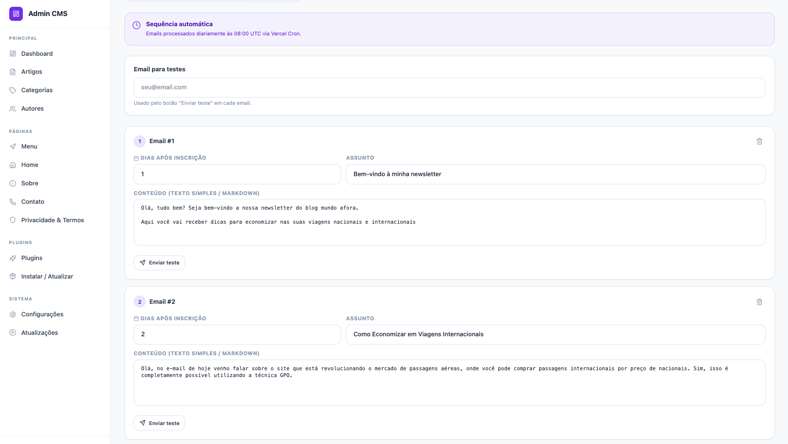 Sistema de email marketing incluído no Admin CMS