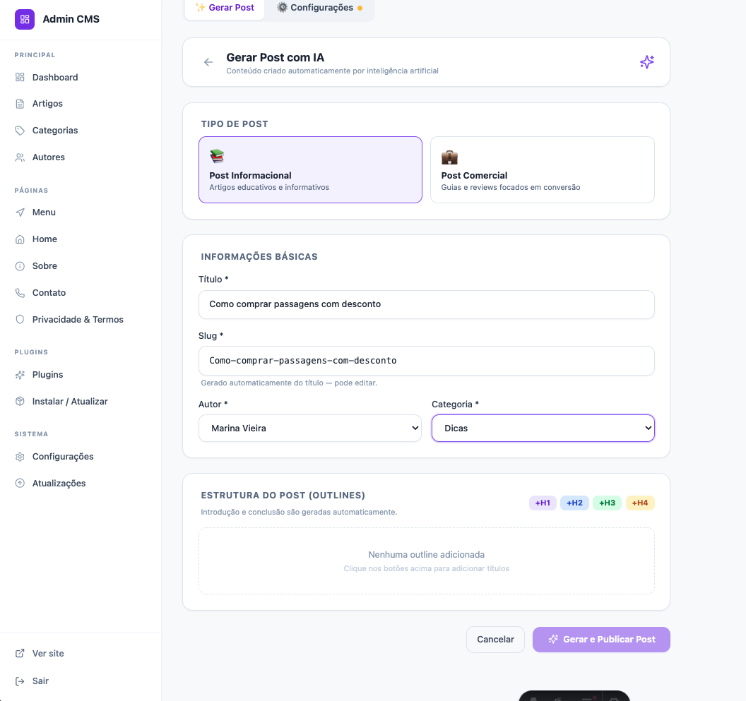Gerador de posts com IA incluído no Admin CMS