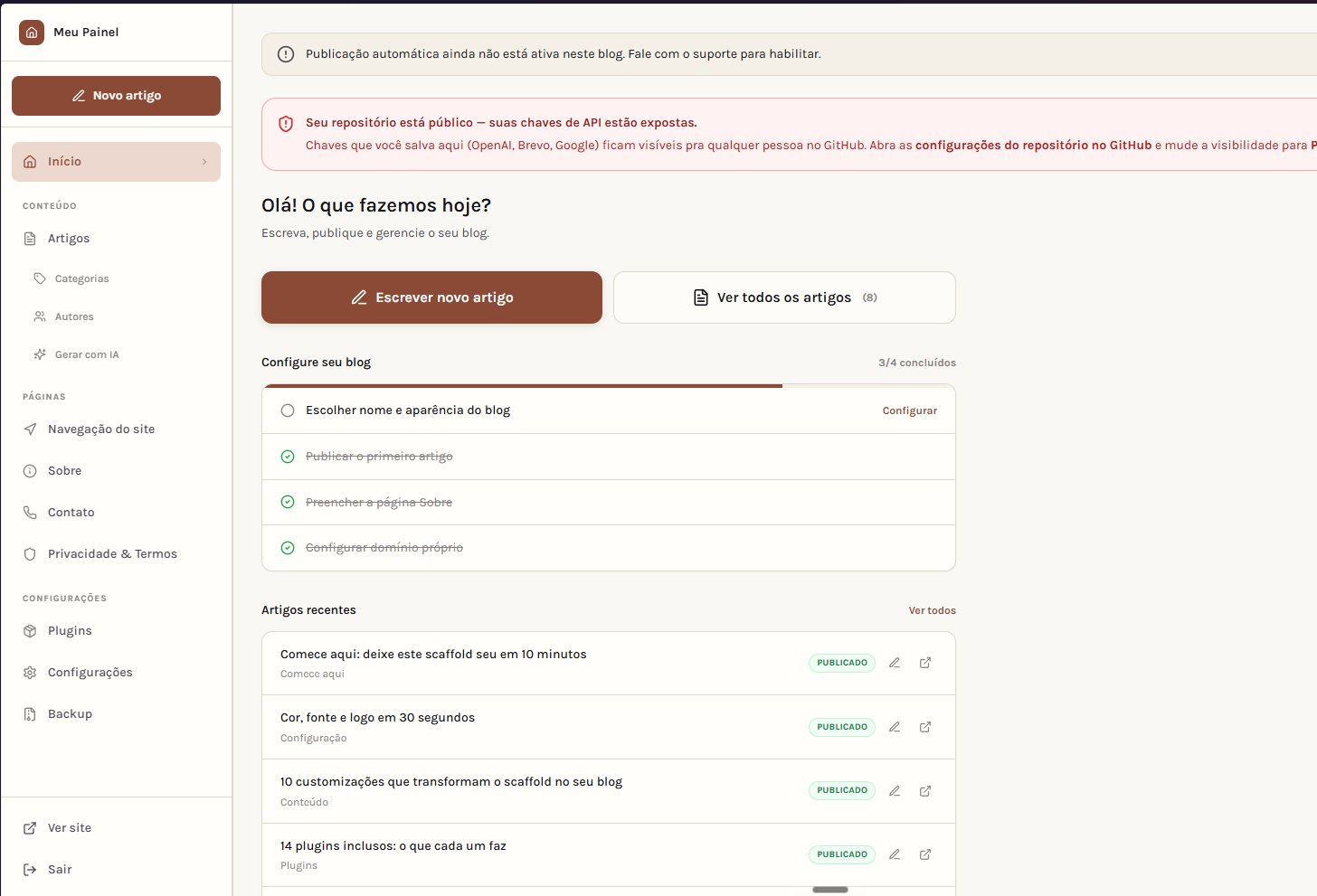 Painel Admin do Meu Site Com IA — lista de posts e navegação